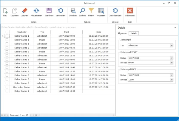Zeiterfassung Modul Kassensoftware GastroSoft Gastronomie Protokoll