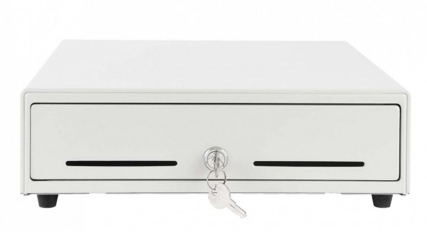 Kassenlade Metapace K-2, weiß, frontöffnend, Maße 330 x 330 x 101mm (BxHxT), 8 Münz-, 4 Scheinfächer