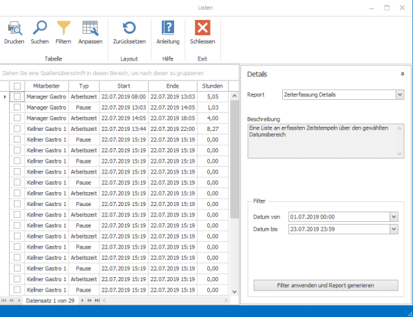 Zeiterfassung Modul Kassensoftware GastroSoft Gastronomie Listen