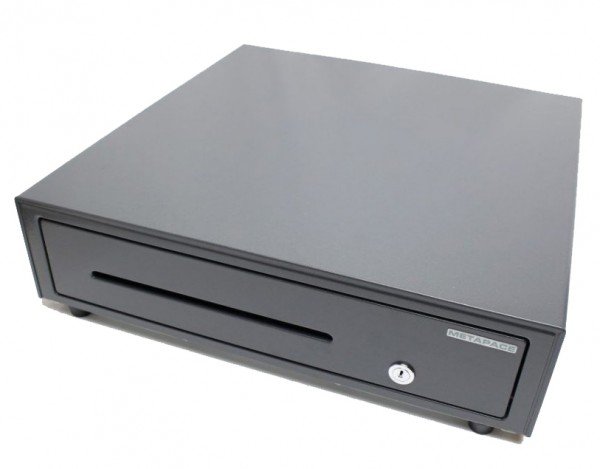 Kassenlade Metapace K-1, dunkelgrau, frontöffnend, Maße 410x114x415mm, 6 Scheinfächer, 8 Münzfächer
