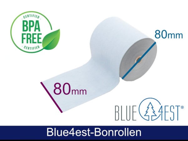 20 x Öko Bonrollen Blue4est blau Thermopapier, Rollenbreite 80mm, 80m Lauflänge, Kern: 12 mm, lebens